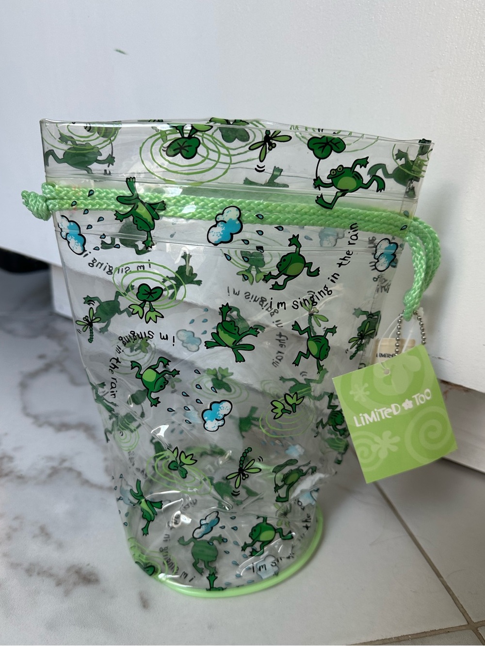 Limited Too Clear Frog Print Drawstring gift bag  - Green